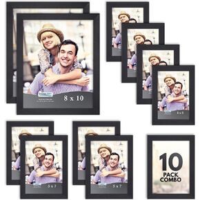 Icona Bay 5x7 Picture Frame Set (Black, 10 Pack), Simple Modern Design, Table Top Kickstand and Wall Hanging Hooks Included, Impresia Collection