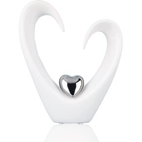 oliruim Modern Art Heart -Shaped Ceramic Sculpture, White and Silver Decorative Statues, Creative Dining Table Living Room Office Decoration Gift-11 L