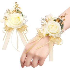Ndeno Ivory Rose Wrist Corsage and Boutonniere Set Artificial Men Corsage Wristlet Band Bracelet for White Wedding Flowers pcs pink white
