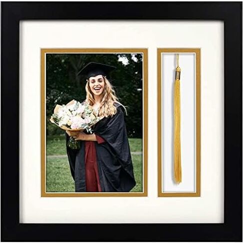 Golden State Art - 10x10 Black Shadow Box Frame - 5x7 Photo - Tassel - Double Mat (Black Over Gold) - Square - Sawtooth Hanger - Wall Mount - Real Glass - Graduation Theme in Saudi Arabia