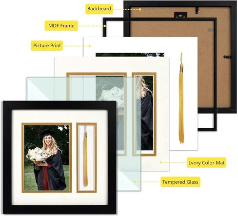 Golden State Art - 10x10 Black Shadow Box Frame - 5x7 Photo - Tassel - Double Mat (Black Over Gold) - Square - Sawtooth Hanger - Wall Mount - Real Glass - Graduation Theme in Saudi Arabia