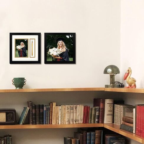 Golden State Art - 10x10 Black Shadow Box Frame - 5x7 Photo - Tassel - Double Mat (Black Over Gold) - Square - Sawtooth Hanger - Wall Mount - Real Glass - Graduation Theme in Saudi Arabia