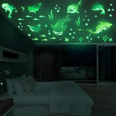 MESU الكرتون القرش يتوهج في الظلام ملصقات الحائط مضيئة العالم تحت الماء ديكور سقف المنزل للبنين غرفة الحضانة الاطفال هدية القرش in Kuwait