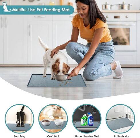 Dog Bowl Mat Waterproof Cat Feeding Mat, Silicone Pet Food Mat, Waterproof Raised-Edges Pet Bowl Placement Tray for Puppy Kitty Dog Cat to Food Spills and Water Messes Out to Floor (48X30CM, Beige) in Kuwait
