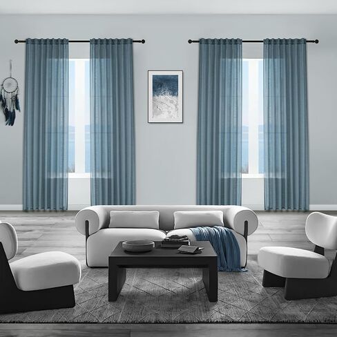 Linen Black Farmhouse Semi Sheer Curtains for Privacy, Flax Light Flitering Back Tab Living Room Curtains 63 Inch Length, Drapes for Sliding Glass Door W52 x L63 in Saudi Arabia