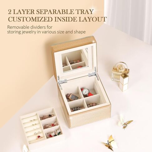 Butterfly Jewelry Box, 2 Layers Jewelry Organizer Box for Women, PU Leather Butterfly Display Jewelry Holder with Mirror for Earring Ring Bracelet, Best Gift for Girls Mother Girlfriend (Pink Gold) in Saudi Arabia