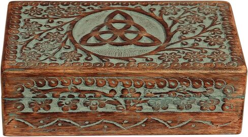 صندوق خشبي منحوت من ETROVES، لتخزين المجوهرات، صندوق تذكار للذاكرة - تصميم زهور خشبية مصنوعة يدويًا، فيروزي مقاس 8x4 بوصة in Kuwait