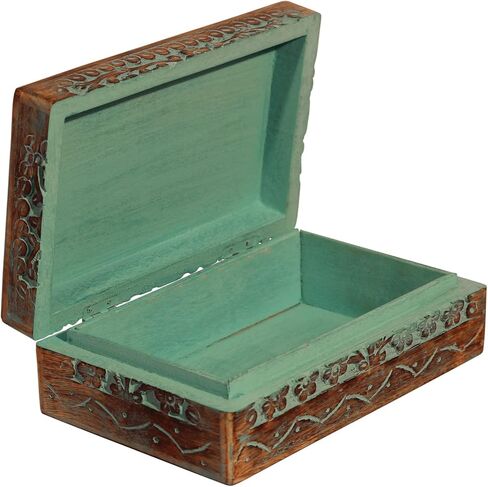 صندوق خشبي منحوت من ETROVES، لتخزين المجوهرات، صندوق تذكار للذاكرة - تصميم زهور خشبية مصنوعة يدويًا، فيروزي مقاس 8x4 بوصة in Kuwait