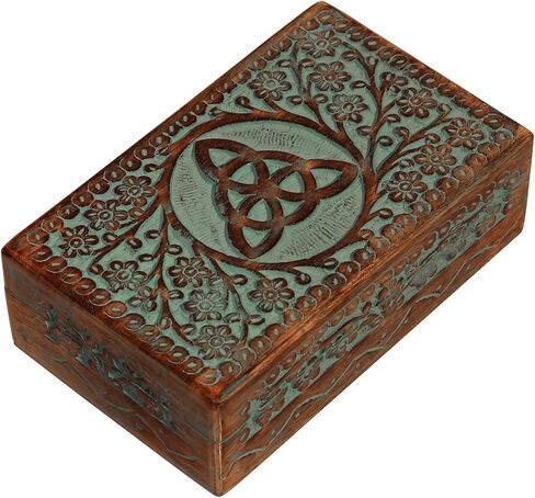 صندوق خشبي منحوت من ETROVES، لتخزين المجوهرات، صندوق تذكار للذاكرة - تصميم زهور خشبية مصنوعة يدويًا، فيروزي مقاس 8x4 بوصة in Kuwait