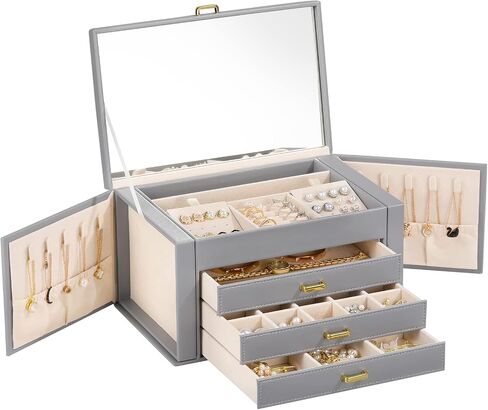 Emibele Jewelry Boxes for Women, 4 Tier Jewelry Organizer Box with Mirror, Large Jewelry Box with 3 Drawer Multiple Storage for Necklace, Earring, Ring, Bracelet and Watch, Gray in Saudi Arabia