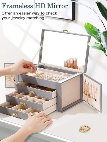 Emibele Jewelry Boxes for Women, 4 Tier Jewelry Organizer Box with Mirror, Large Jewelry Box with 3 Drawer Multiple Storage for Necklace, Earring, Ring, Bracelet and Watch, Gray in Saudi Arabia