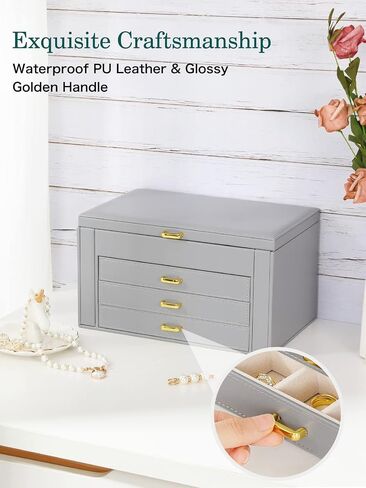 Emibele Jewelry Boxes for Women, 4 Tier Jewelry Organizer Box with Mirror, Large Jewelry Box with 3 Drawer Multiple Storage for Necklace, Earring, Ring, Bracelet and Watch, Gray in Saudi Arabia