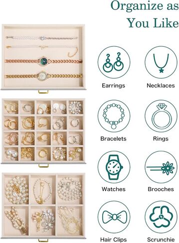 Emibele Jewelry Boxes for Women, 4 Tier Jewelry Organizer Box with Mirror, Large Jewelry Box with 3 Drawer Multiple Storage for Necklace, Earring, Ring, Bracelet and Watch, Gray in Saudi Arabia