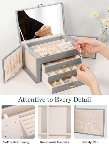 Emibele Jewelry Boxes for Women, 4 Tier Jewelry Organizer Box with Mirror, Large Jewelry Box with 3 Drawer Multiple Storage for Necklace, Earring, Ring, Bracelet and Watch, Gray in Saudi Arabia