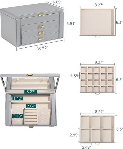 Emibele Jewelry Boxes for Women, 4 Tier Jewelry Organizer Box with Mirror, Large Jewelry Box with 3 Drawer Multiple Storage for Necklace, Earring, Ring, Bracelet and Watch, Gray in Saudi Arabia