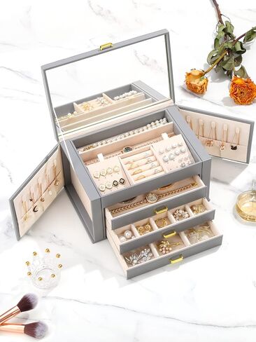 Emibele Jewelry Boxes for Women, 4 Tier Jewelry Organizer Box with Mirror, Large Jewelry Box with 3 Drawer Multiple Storage for Necklace, Earring, Ring, Bracelet and Watch, Gray in Saudi Arabia