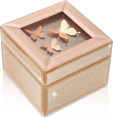 Butterfly Jewelry Box, 2 Layers Jewelry Organizer Box for Women, PU Leather Butterfly Display Jewelry Holder with Mirror for Earring Ring Bracelet, Best Gift for Girls Mother Girlfriend (Pink Gold) in Saudi Arabia