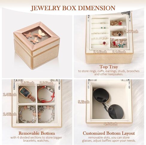 Butterfly Jewelry Box, 2 Layers Jewelry Organizer Box for Women, PU Leather Butterfly Display Jewelry Holder with Mirror for Earring Ring Bracelet, Best Gift for Girls Mother Girlfriend (Pink Gold) in Saudi Arabia