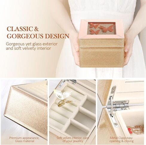 Butterfly Jewelry Box, 2 Layers Jewelry Organizer Box for Women, PU Leather Butterfly Display Jewelry Holder with Mirror for Earring Ring Bracelet, Best Gift for Girls Mother Girlfriend (Pink Gold) in Saudi Arabia