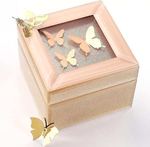 Butterfly Jewelry Box, 2 Layers Jewelry Organizer Box for Women, PU Leather Butterfly Display Jewelry Holder with Mirror for Earring Ring Bracelet, Best Gift for Girls Mother Girlfriend (Pink Gold) in Saudi Arabia