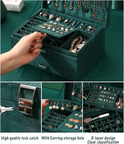 صندوق منظم لتخزين المجوهرات من الأكريليك من AARAINBOW مع 5 أدراج، حامل أقراط شفاف وحقيبة مجوهرات تعرض حامل مجوهرات لسوار القلادة، هدية مثالية للفتيات والنساء (بيج) in Kuwait