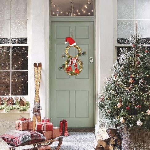 Lvydec مضيئة إكليل عيد الميلاد للديكور - 16 × 8 بوصة إكليل العنب مع قبعة حمراء ووشاح على شكل إكليل الثلج معلقة للباب الأمامي ديكور المنزل للجدار in Kuwait