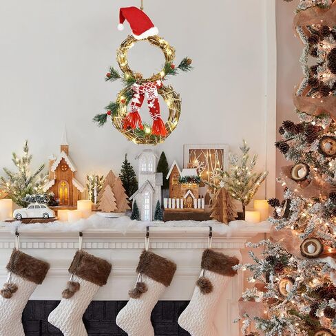 Lvydec مضيئة إكليل عيد الميلاد للديكور - 16 × 8 بوصة إكليل العنب مع قبعة حمراء ووشاح على شكل إكليل الثلج معلقة للباب الأمامي ديكور المنزل للجدار in Kuwait