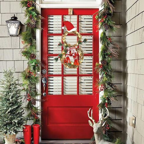 Lvydec مضيئة إكليل عيد الميلاد للديكور - 16 × 8 بوصة إكليل العنب مع قبعة حمراء ووشاح على شكل إكليل الثلج معلقة للباب الأمامي ديكور المنزل للجدار in Kuwait