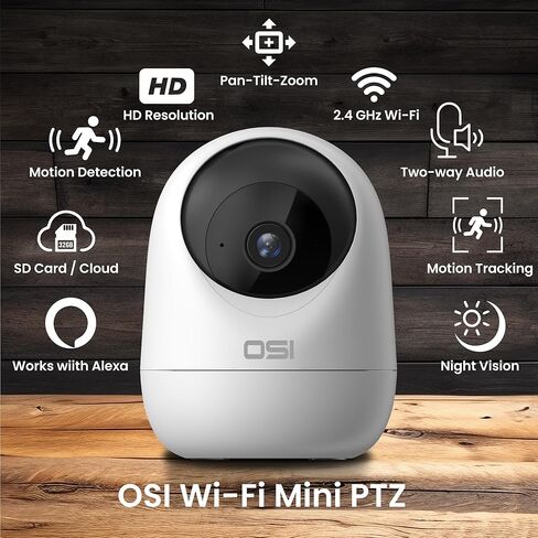 OSI Smart WI-FI Mini PTZ Security Camera - Home Indoor, Pet Camera, Baby Camera, Pan-Tilt-Zoom,Two-Way Audio, Motion Detector, Auto Tracking Night Vision, Auto Tracking, 32GB SD Card,Works with Alexa in Kuwait