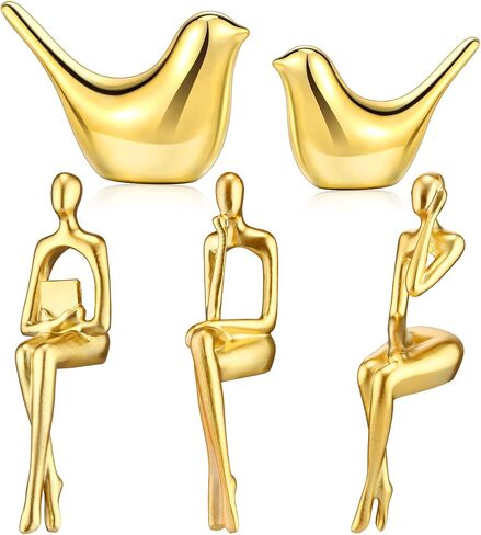 5 Pcs Gold Decor Statue Set Sitting Thinker Statue Gold Bird Statue Abstract Art Sculpture Modern Collectible Sculpture for Home Living Room Office Bookshelf Desktop Decor (Classic) in Saudi Arabia