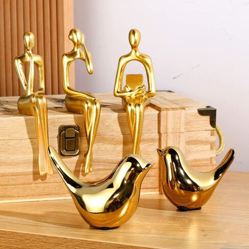 5 Pcs Gold Decor Statue Set Sitting Thinker Statue Gold Bird Statue Abstract Art Sculpture Modern Collectible Sculpture for Home Living Room Office Bookshelf Desktop Decor (Classic) in Saudi Arabia