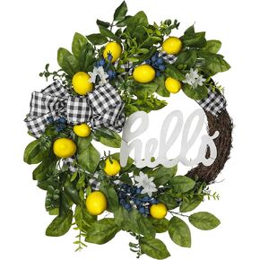 Valery Madelyn Pre-Lit Spring Lemon Wreath for Front Door with Lights, 24 Inch Lighted Farmhouse Summer Fruit Wreath with Hello Sign for Wall Kitchen Centerpiece Window Indoor Outdoor Home Decoration in Saudi Arabia