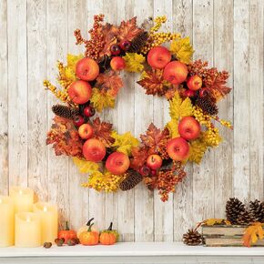 Glitzhome 24" D Fall Maple Leaves Wreath Artificial Apple Berry Leaf Front Door Wall Hanging Decor in Kuwait