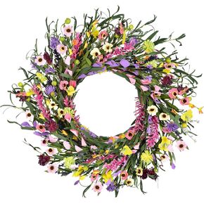 Artificial Daisy and Lavender Flower Wreath,20" Floral Wreath Artificial Spring and Summer Wreath Front Door Wreath for Home Kitchen Wall Door Decor in Kuwait