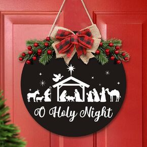 O Holy Night Sign Christmas Wreaths for Front Door Nativity Rustic Farmhouse Christian Jesus Wood Wall Hanging Decor Buffalo Plaid Decorations Indoor Outdoor Fireplace Porch Black in Kuwait