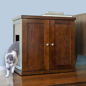 THE REFINED FELINE Cat Litter Box Enclosure Cabinet, Modern, Mahogany Brown, Round Feet, Large, Hidden Litter Cat Furniture with Drawer in Kuwait