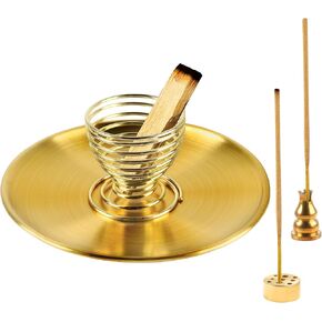 مبخرة 4 في 1، حامل بالو سانتو، حامل مريمية، حامل بخور نحاسي 5.5 انش لعصي البخور/لفائف البخور/مخاريط البخور، مجموعة مبخرة بيضاوية ذهبية لالتقاط الرماد لغرفة التامل واليوغا in Kuwait