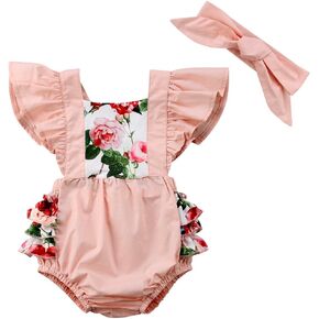 Newborn Kids Baby Girls Clothes Floral Jumpsuit Romper Playsuit Backless Ruffle Headband Sunsuit Outfits