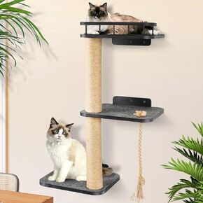 VOOTTOU Cat Wall Shelves, Cat Tree 3-Tier Cat Tower Cat Wall Furniture, Wall-Mounted Cat Scratching Post, Cat Activity Tree Wooden Cat Climber with Scratching Post, Suitable for Cats Climb, Scratch in Kuwait