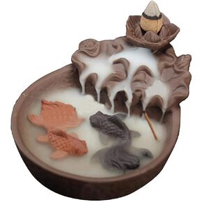 Ceramic Backflow Incense Burner Waterfall Fountain Incense Burner Incense Cone Holder Lotus Pond Incense Holder with 10 pcs Incense Cones(Brown) (Fish) in Kuwait
