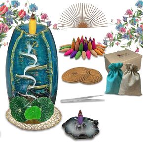 BNY GIFTS Waterfall Incense Burner, 5 in 1 Incense Holder, Backflow Incense Burner, with 150 Backflow Incense Cones, 30 Incense Sticks, 20 Coil Insence, Mat, Lotus Leafs and Cone Storage Bags in Saudi Arabia