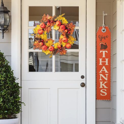 Glitzhome 24" D Fall Maple Leaves Wreath Artificial Apple Berry Leaf Front Door Wall Hanging Decor in Kuwait