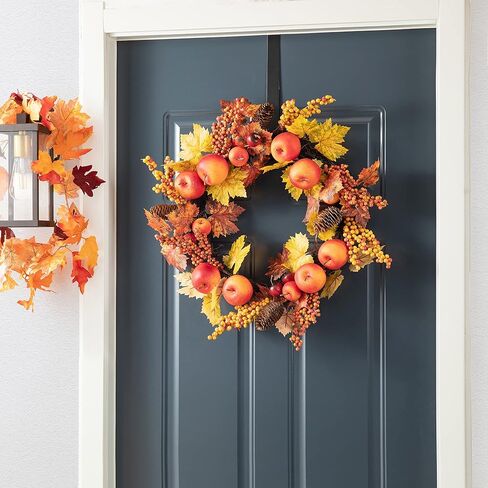 Glitzhome 24" D Fall Maple Leaves Wreath Artificial Apple Berry Leaf Front Door Wall Hanging Decor in Kuwait