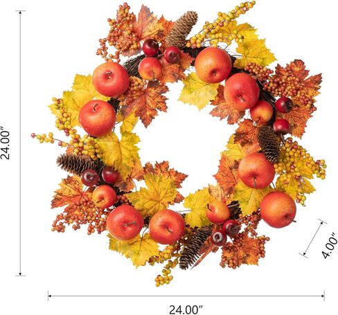 Glitzhome 24" D Fall Maple Leaves Wreath Artificial Apple Berry Leaf Front Door Wall Hanging Decor in Kuwait