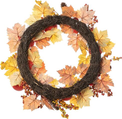 Glitzhome 24" D Fall Maple Leaves Wreath Artificial Apple Berry Leaf Front Door Wall Hanging Decor in Kuwait