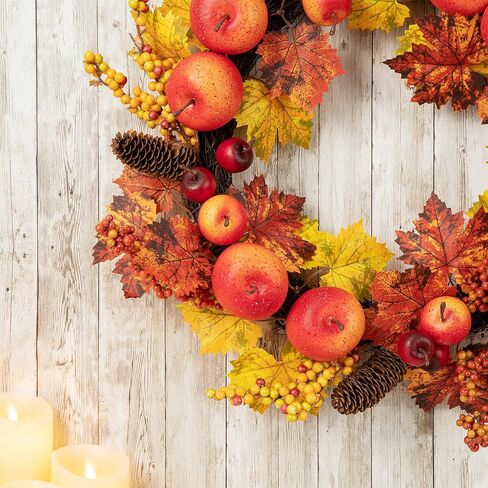 Glitzhome 24" D Fall Maple Leaves Wreath Artificial Apple Berry Leaf Front Door Wall Hanging Decor in Kuwait