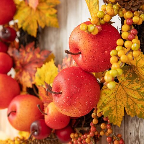 Glitzhome 24" D Fall Maple Leaves Wreath Artificial Apple Berry Leaf Front Door Wall Hanging Decor in Kuwait