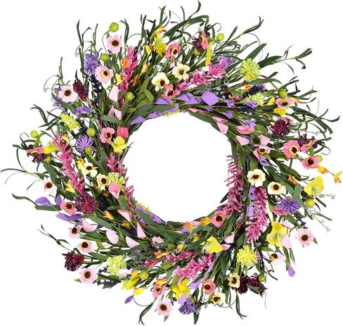 Artificial Daisy and Lavender Flower Wreath,20" Floral Wreath Artificial Spring and Summer Wreath Front Door Wreath for Home Kitchen Wall Door Decor in Kuwait