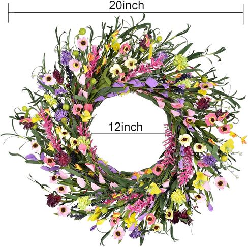 Artificial Daisy and Lavender Flower Wreath,20" Floral Wreath Artificial Spring and Summer Wreath Front Door Wreath for Home Kitchen Wall Door Decor in Kuwait