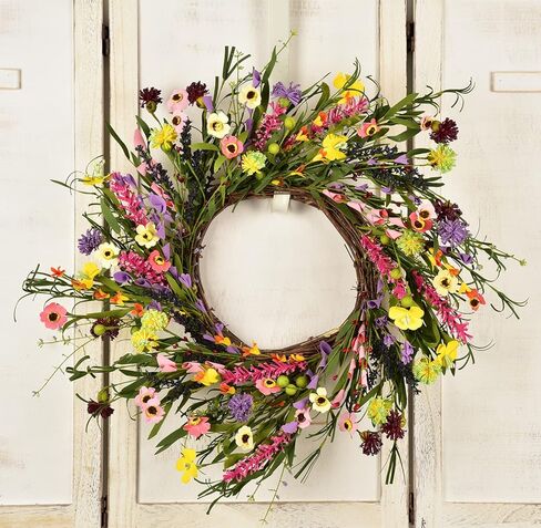 Artificial Daisy and Lavender Flower Wreath,20" Floral Wreath Artificial Spring and Summer Wreath Front Door Wreath for Home Kitchen Wall Door Decor in Kuwait